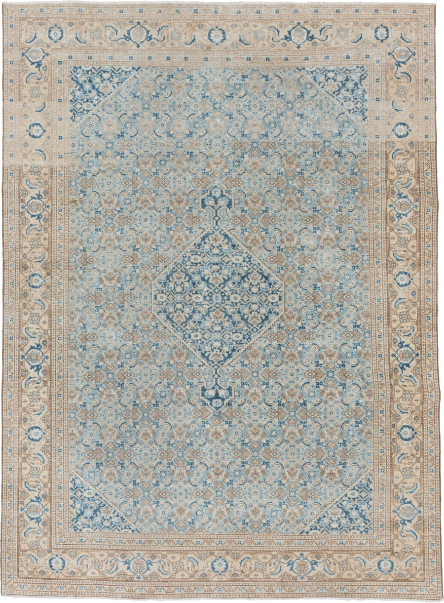 7' x 10' one-of-a-kind handmade vintage Tabriz large size rug. Color palette: ivory, sky blue, beige, tan, slate, camel