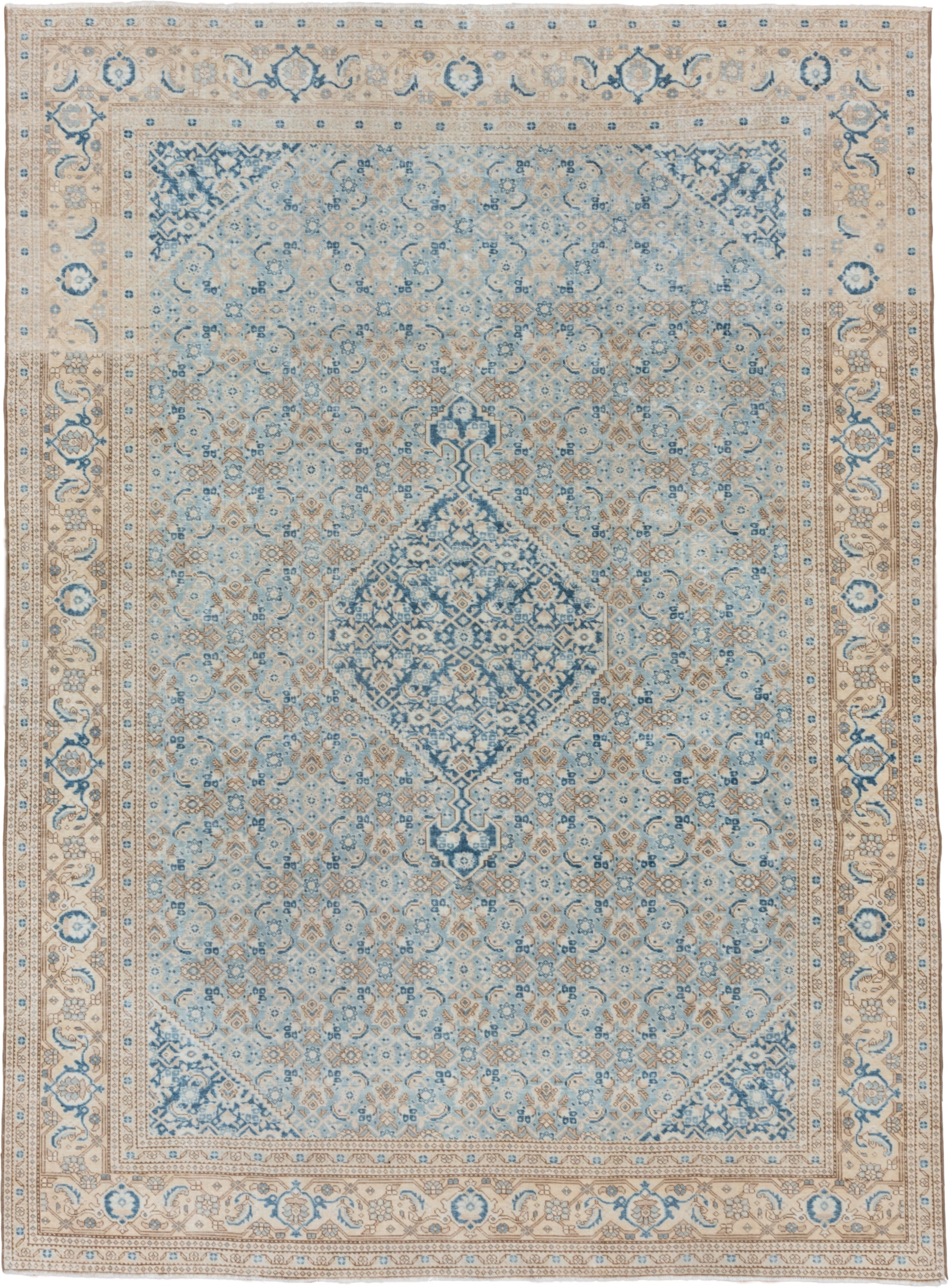 7' x 10' one-of-a-kind handmade vintage Tabriz large size rug. Color palette: ivory, sky blue, beige, tan, slate, camel
