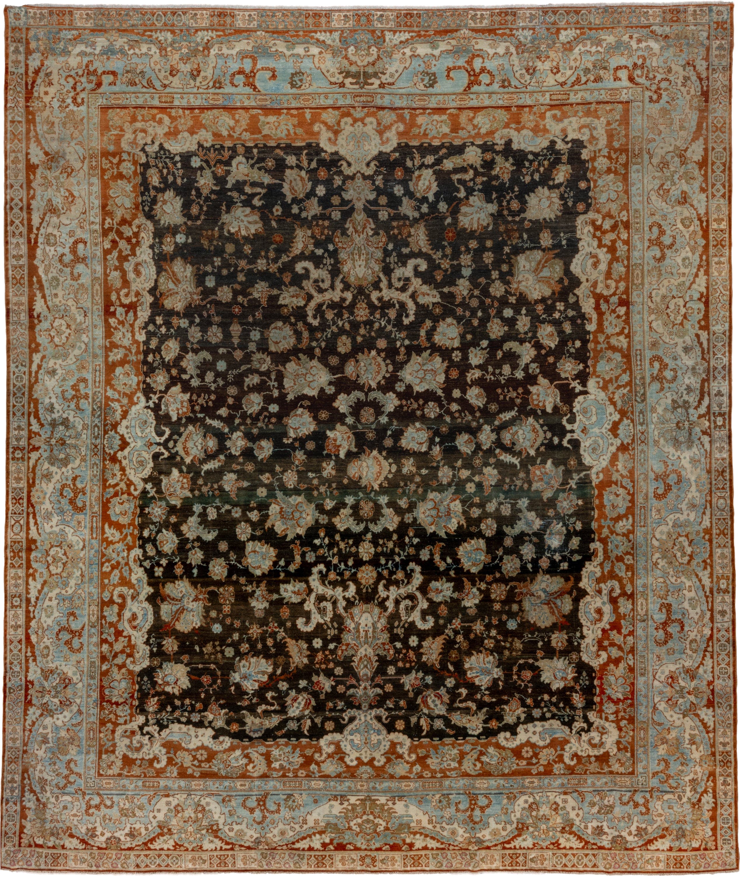 12' x 14' one-of-a-kind handmade vintage Malayer oversize rug. Color palette: charcoal, ivory, rust, pale blue, camel, taupe