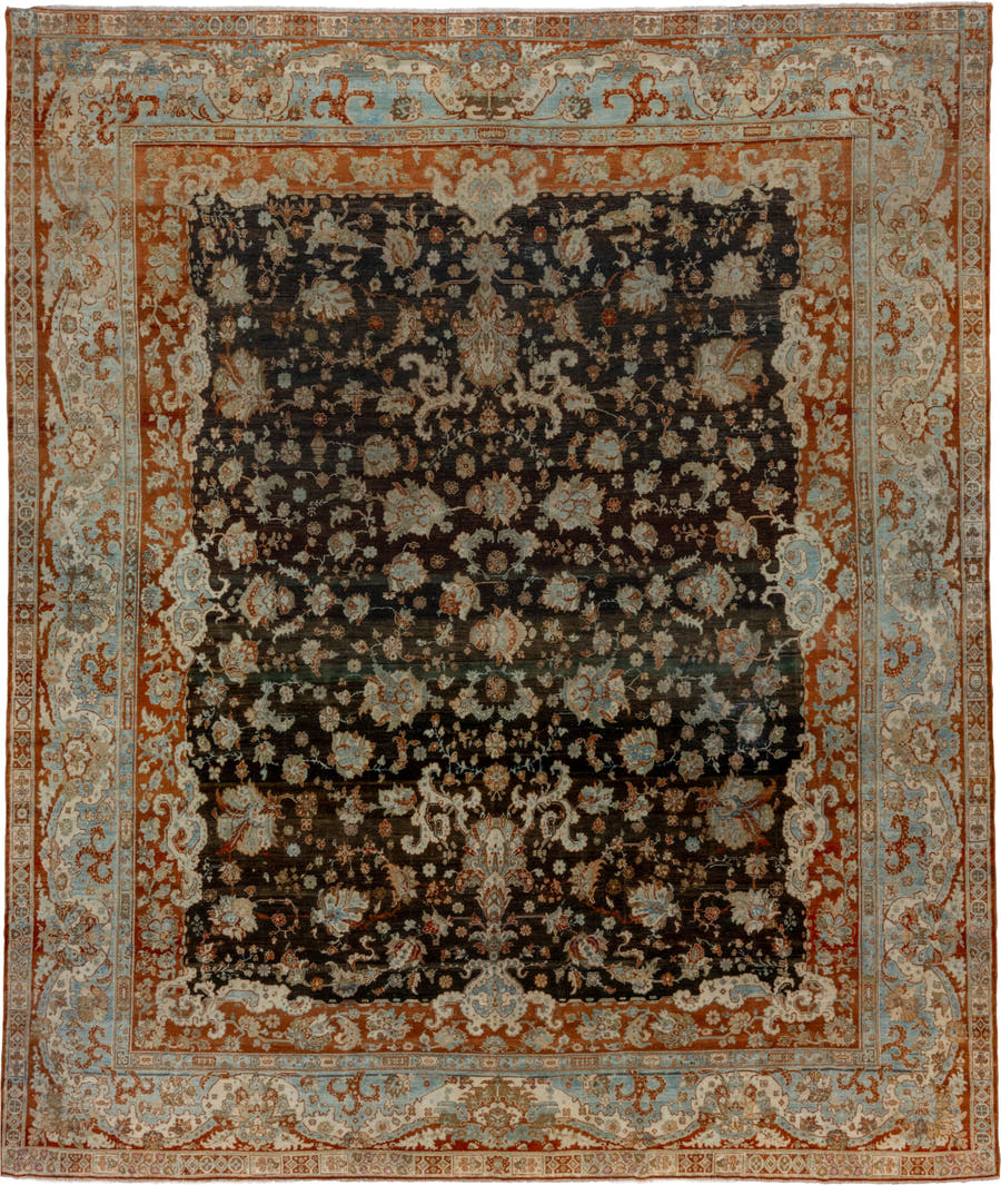 12' x 14' one-of-a-kind handmade vintage Malayer oversize rug. Color palette: charcoal, ivory, rust, pale blue, camel, taupe