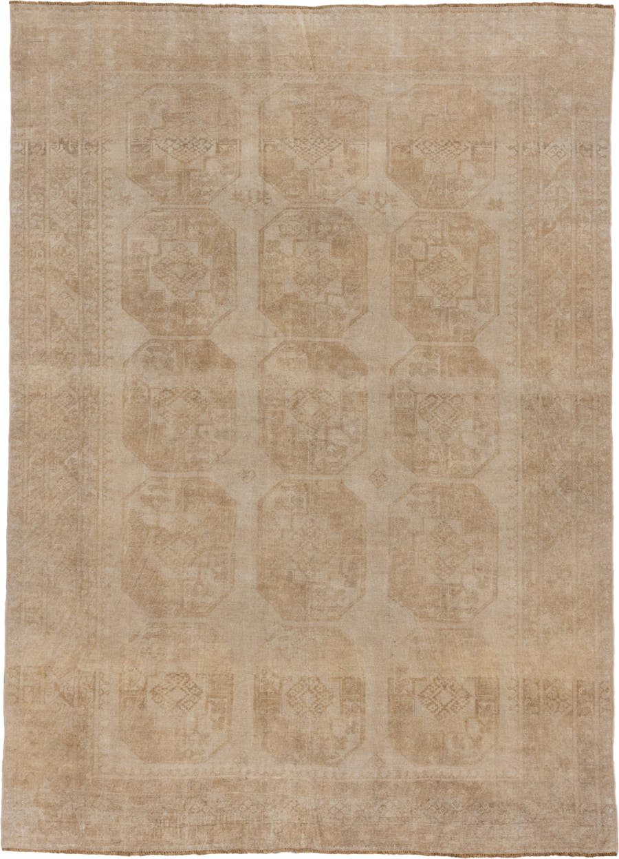8' x 11' one-of-a-kind handmade vintage Afghan large size rug. Color palette: camel, beige, taupe, sand, ivory, gray