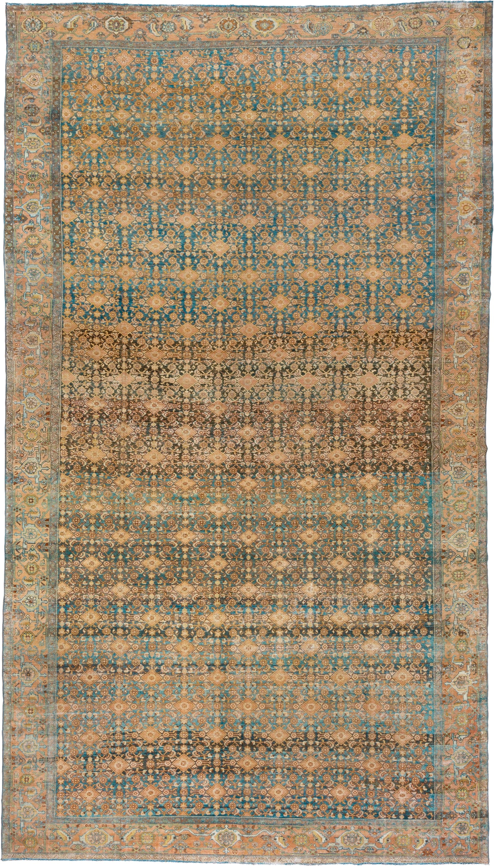 11' x 20' one-of-a-kind handmade vintage Malayer oversize rug. Color palette: blue, camel, ivory, taupe, brown, peach, teal