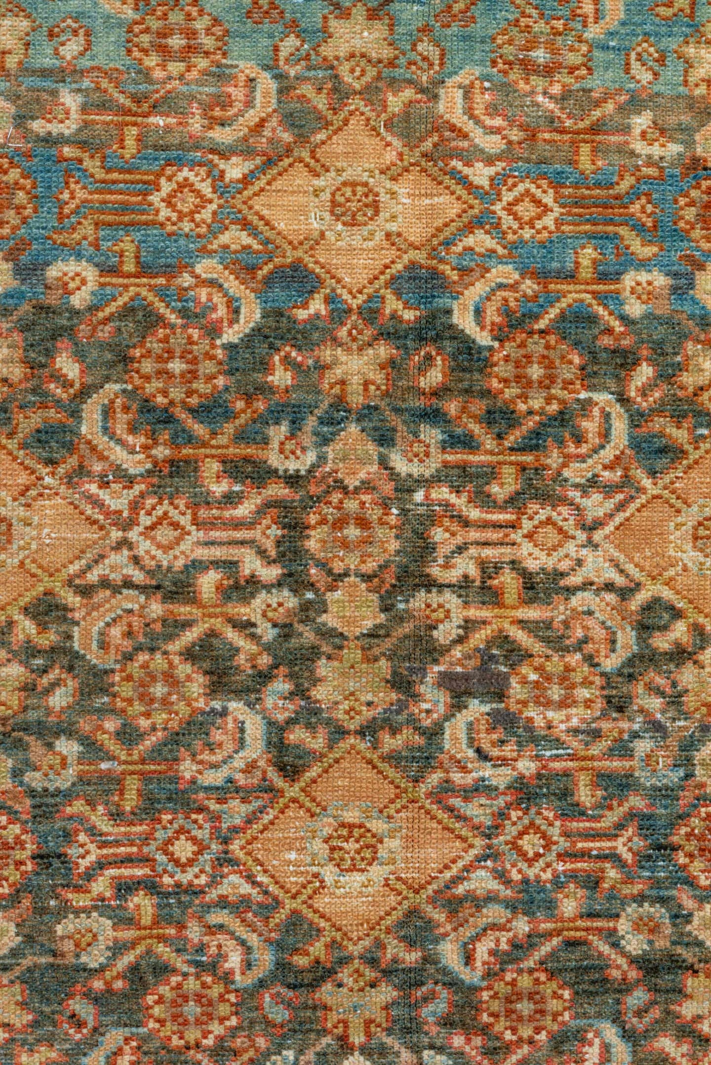 11' x 20' one-of-a-kind handmade vintage Malayer oversize rug. Color palette: blue, camel, ivory, taupe, brown, peach, teal