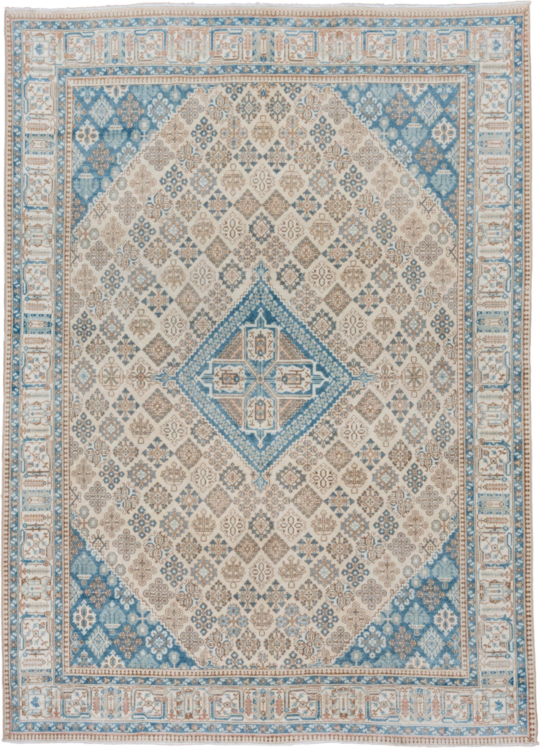 7' x 11' one-of-a-kind handmade vintage Joshegan large size rug. Color palette: ivory, sky blue, taupe, beige, camel
