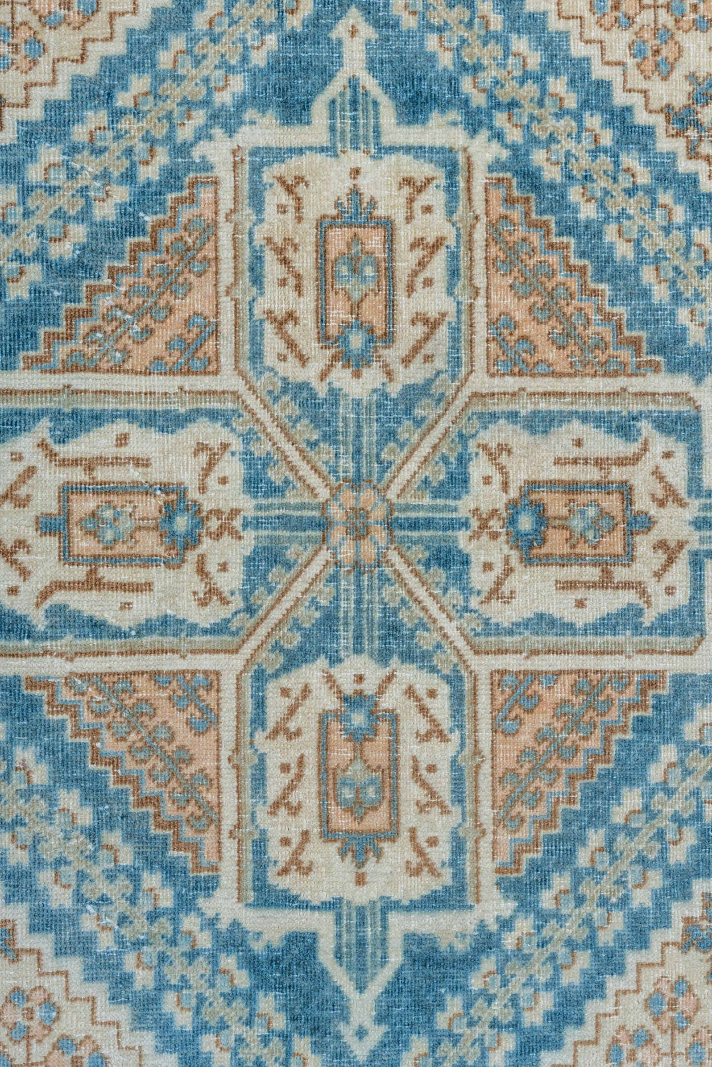 7' x 11' one-of-a-kind handmade vintage Joshegan large size rug. Color palette: ivory, sky blue, taupe, beige, camel