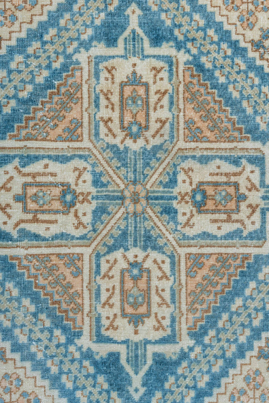 7' x 11' one-of-a-kind handmade vintage Joshegan large size rug. Color palette: ivory, sky blue, taupe, beige, camel