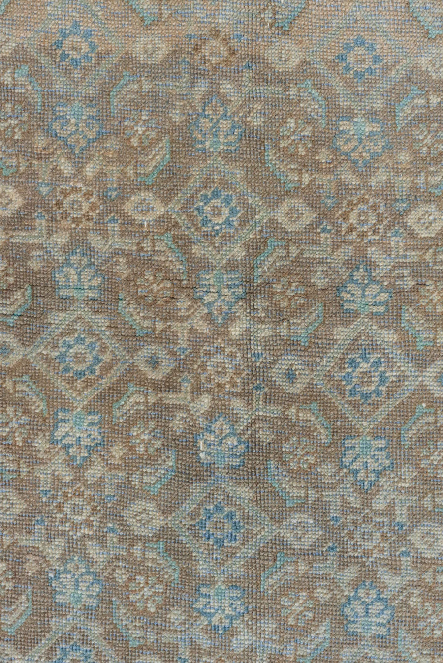 3' x 10' one-of-a-kind handmade vintage Mahal runner rug. Color palette: taupe, sky blue, ivory, beige, camel, light gray