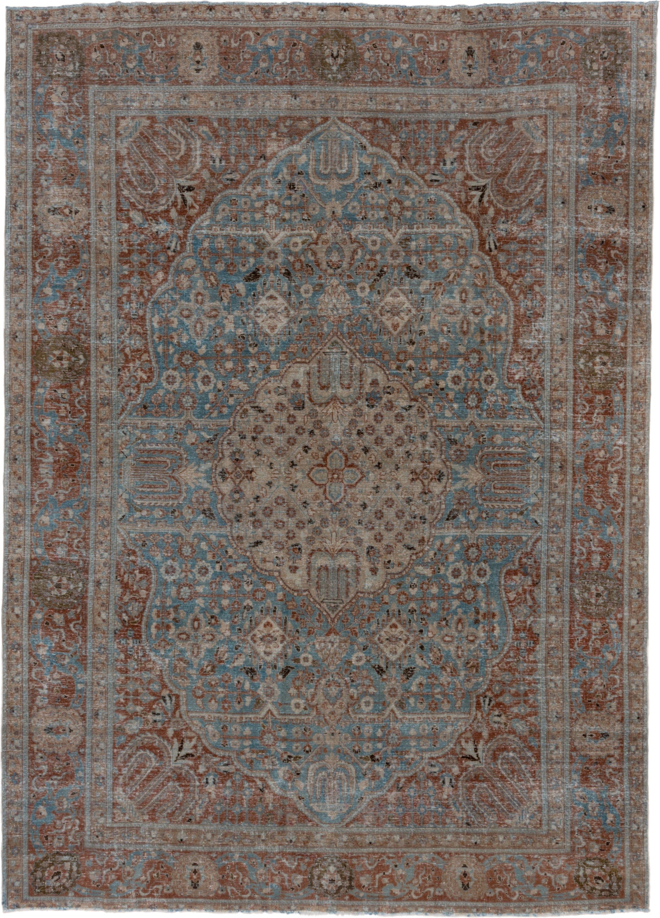 8' x 11' one-of-a-kind handmade vintage Tabriz large size rug. Color palette: sky blue, rust, ivory, taupe, camel, charcoal