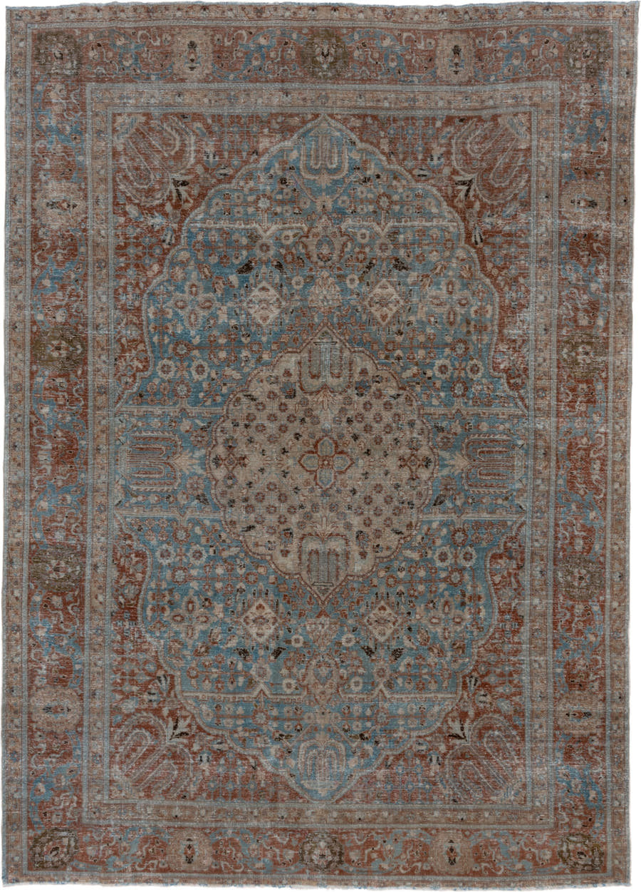 8' x 11' one-of-a-kind handmade vintage Tabriz large size rug. Color palette: sky blue, rust, ivory, taupe, camel, charcoal