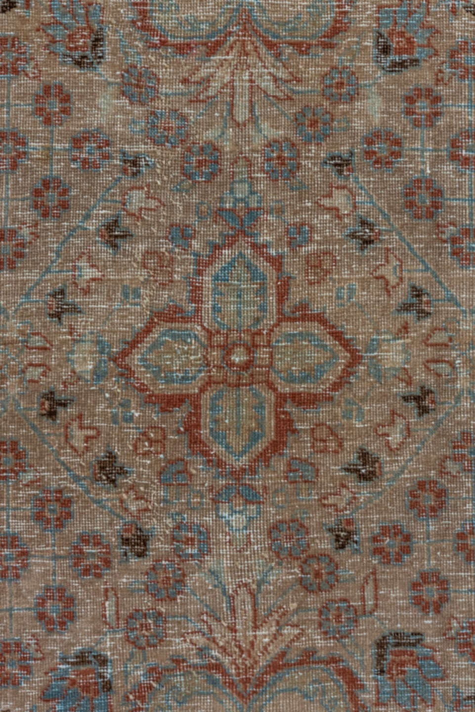 8' x 11' one-of-a-kind handmade vintage Tabriz large size rug. Color palette: sky blue, rust, ivory, taupe, camel, charcoal
