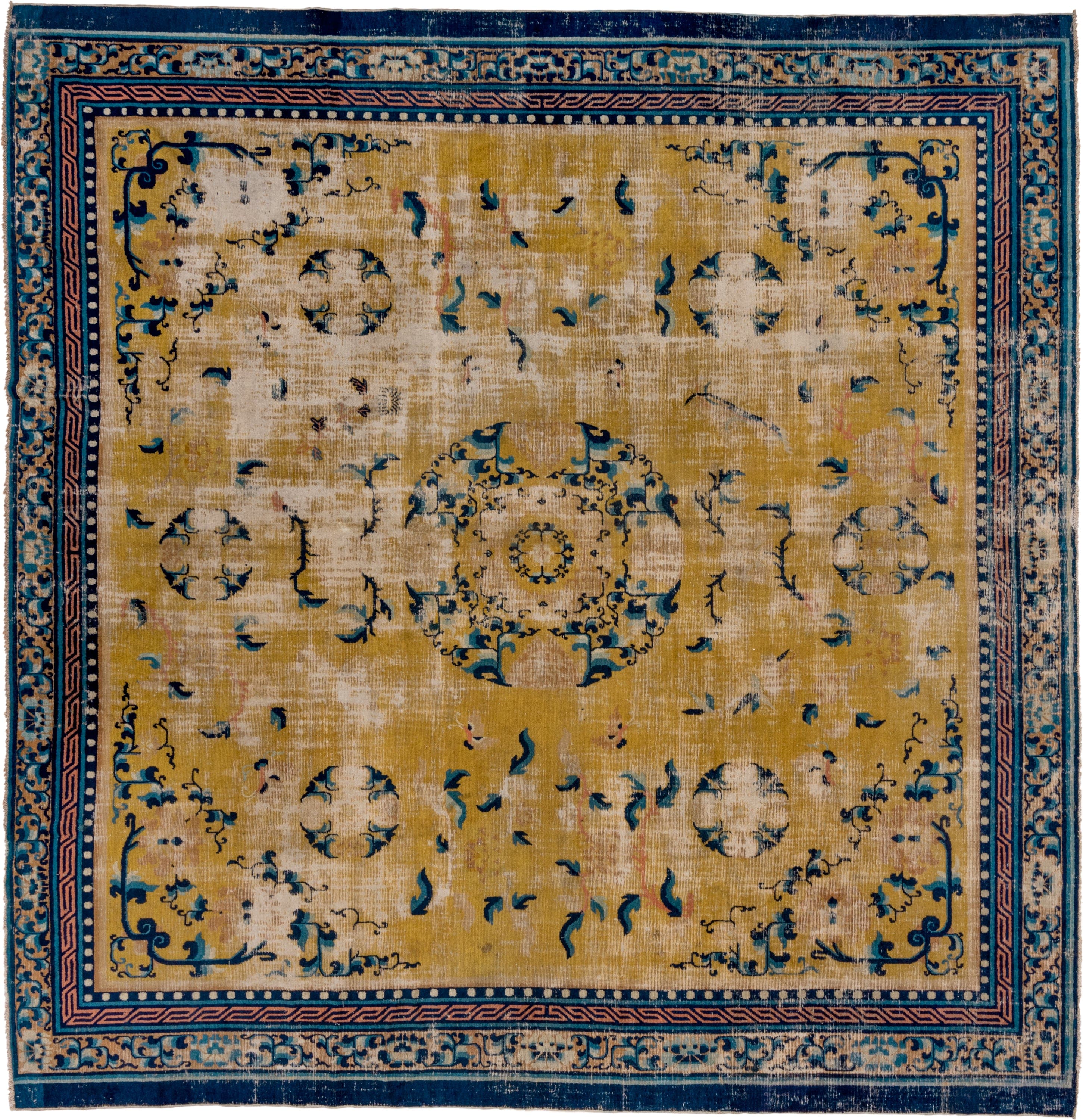 12' x 12' one-of-a-kind handmade vintage Chinese oversize rug. Color palette: gold, navy, ivory, sky_blue, camel, rose, blue