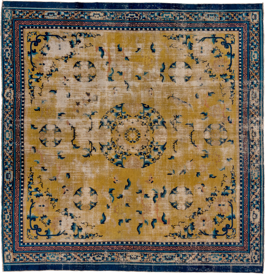 12' x 12' one-of-a-kind handmade vintage Chinese oversize rug. Color palette: gold, navy, ivory, sky_blue, camel, rose, blue