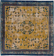 12' x 12' one-of-a-kind handmade vintage Chinese oversize rug. Color palette: gold, navy, ivory, sky_blue, camel, rose, blue