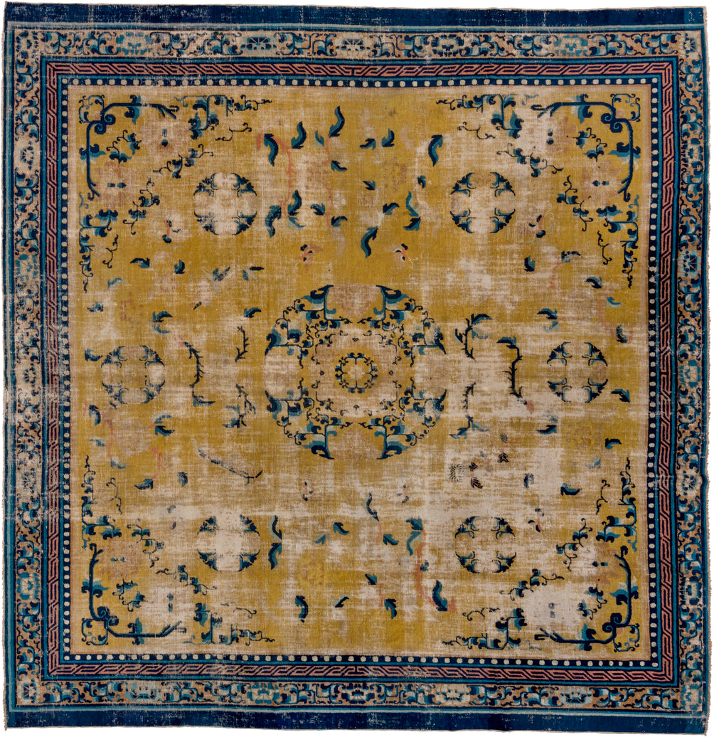 12' x 12' one-of-a-kind handmade vintage Chinese oversize rug. Color palette: gold, navy, ivory, sky_blue, camel, rose, blue