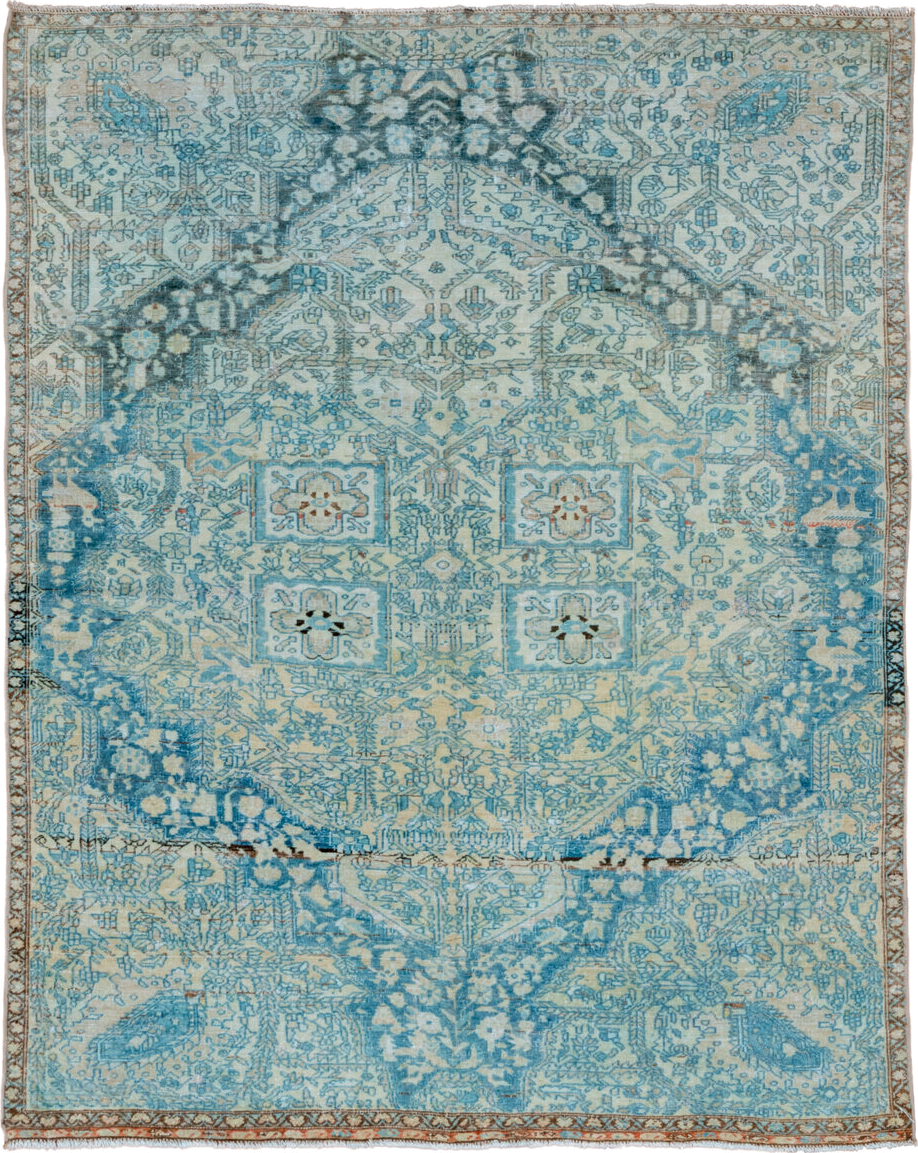4' x 6' one-of-a-kind handmade vintage Malayer small size rug. Color palette: ivory, sky blue, aqua, slate, taupe, rust