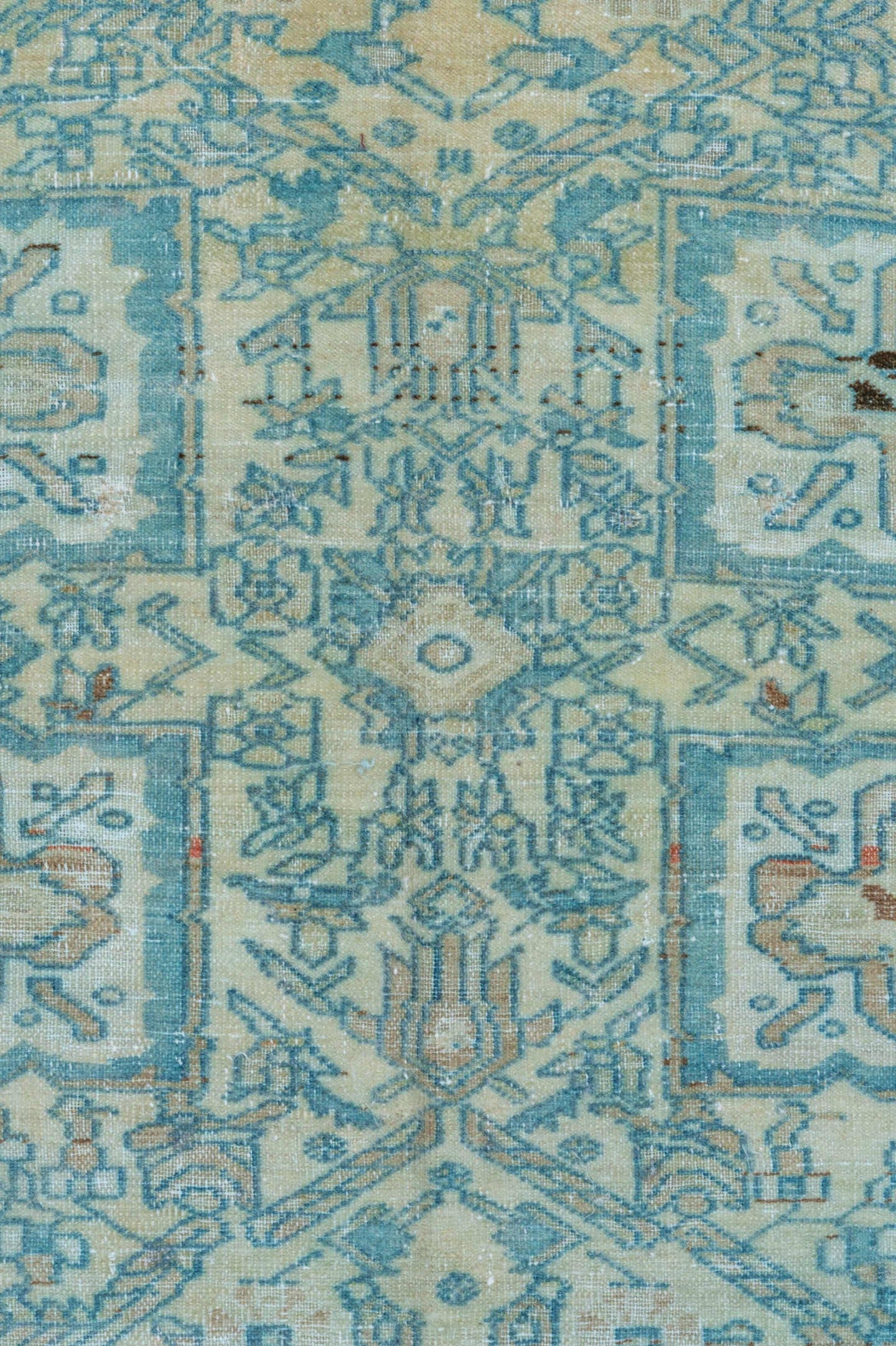 4' x 6' one-of-a-kind handmade vintage Malayer small size rug. Color palette: ivory, sky blue, aqua, slate, taupe, rust