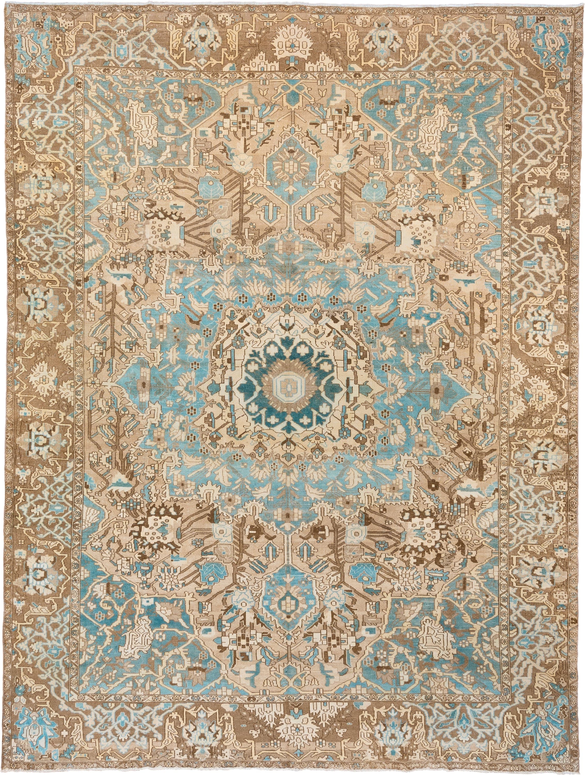 9' x 12' one-of-a-kind handmade vintage Baktiary large size rug. Color palette: sky blue, taupe, ivory, brown, camel, teal