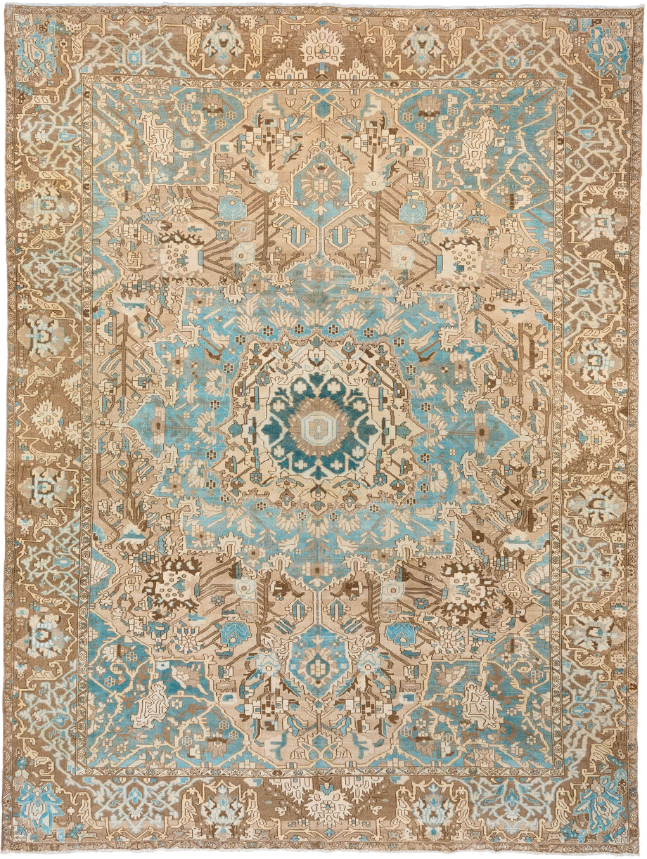 9' x 12' one-of-a-kind handmade vintage Baktiary large size rug. Color palette: sky blue, taupe, ivory, brown, camel, teal