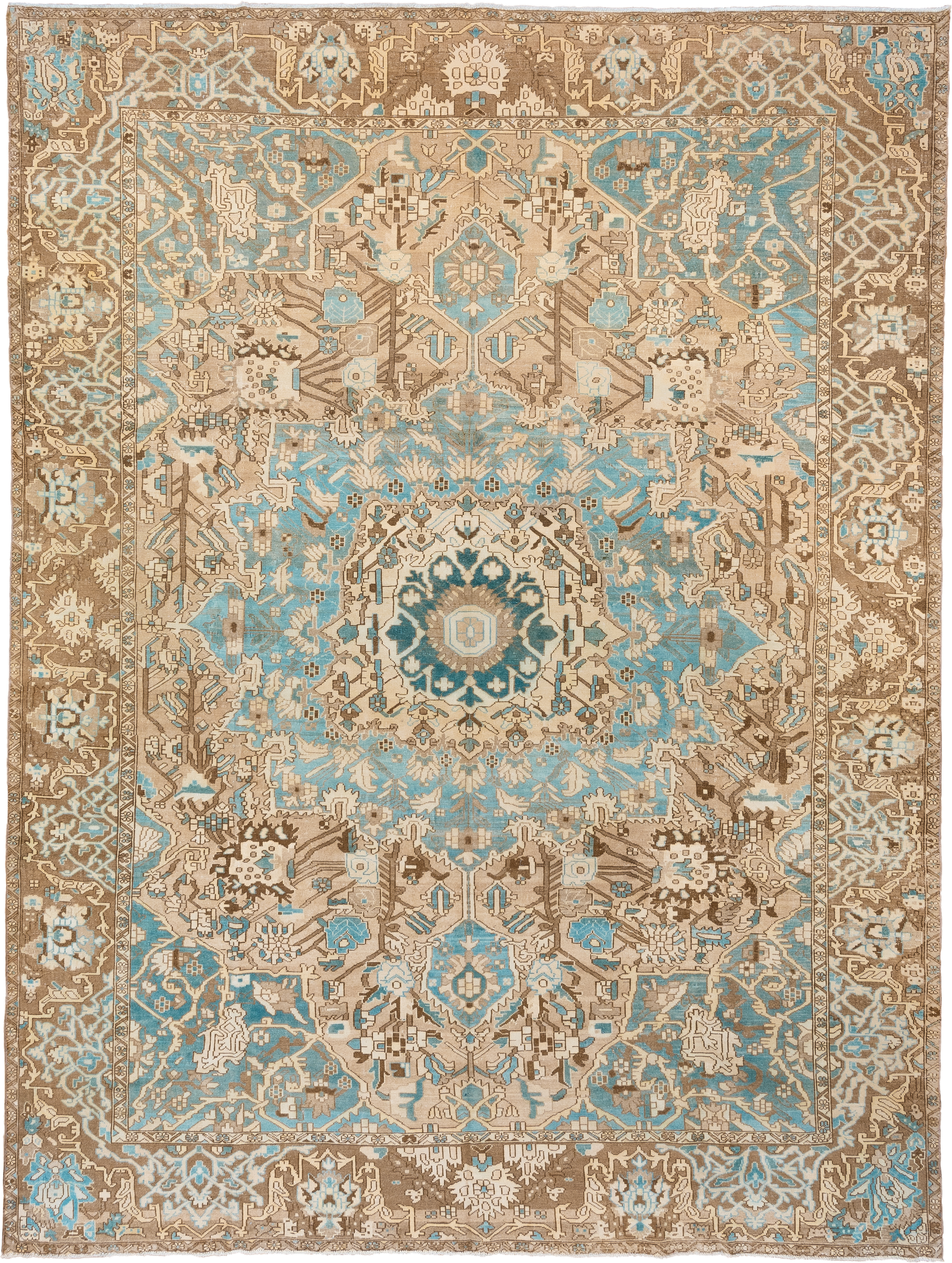 9' x 12' one-of-a-kind handmade vintage Baktiary large size rug. Color palette: sky blue, taupe, ivory, brown, camel, teal