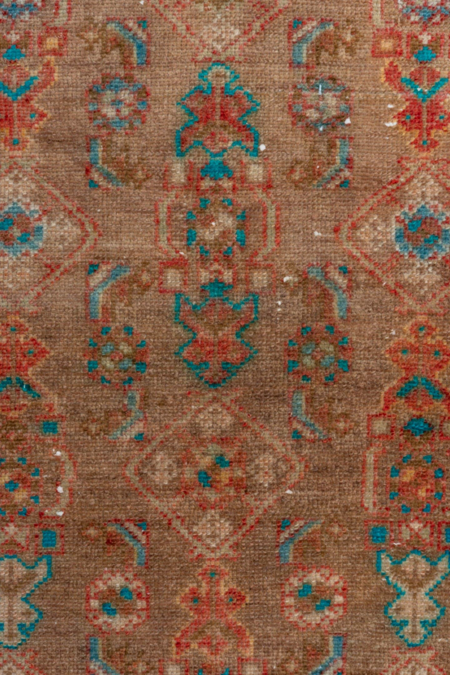 2' x 15' one-of-a-kind handmade vintage Malayer runner rug. Color palette: camel, rust, turquoise, ivory, taupe, terracotta
