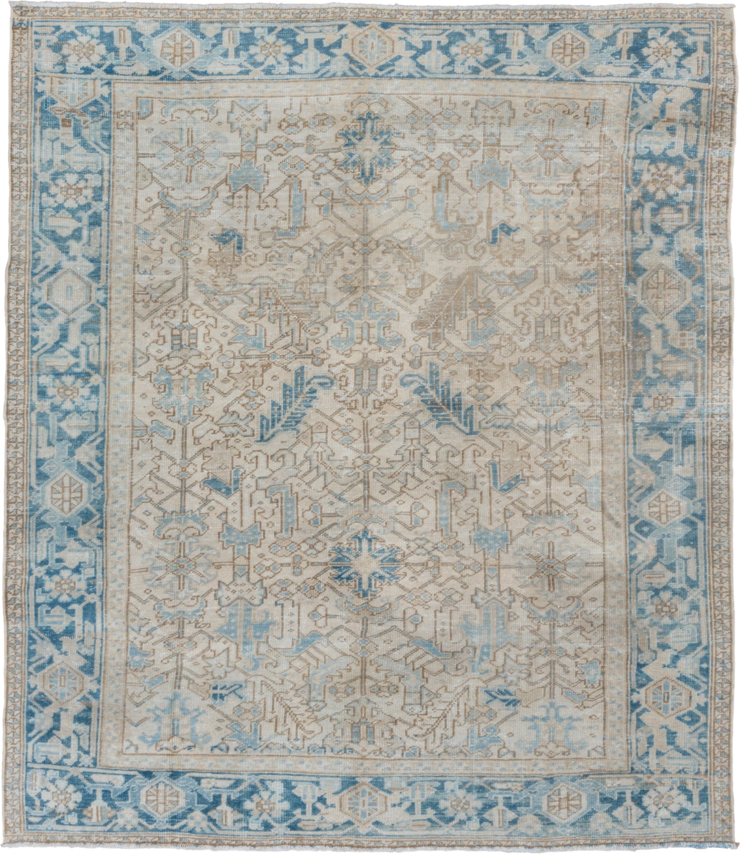 7' x 8' one-of-a-kind handmade vintage Heriz rug. Color palette: ivory, sky blue, beige, taupe, camel, slate, light blue