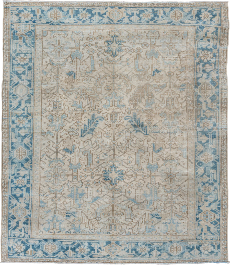 7' x 8' one-of-a-kind handmade vintage Heriz rug. Color palette: ivory, sky blue, beige, taupe, camel, slate, light blue