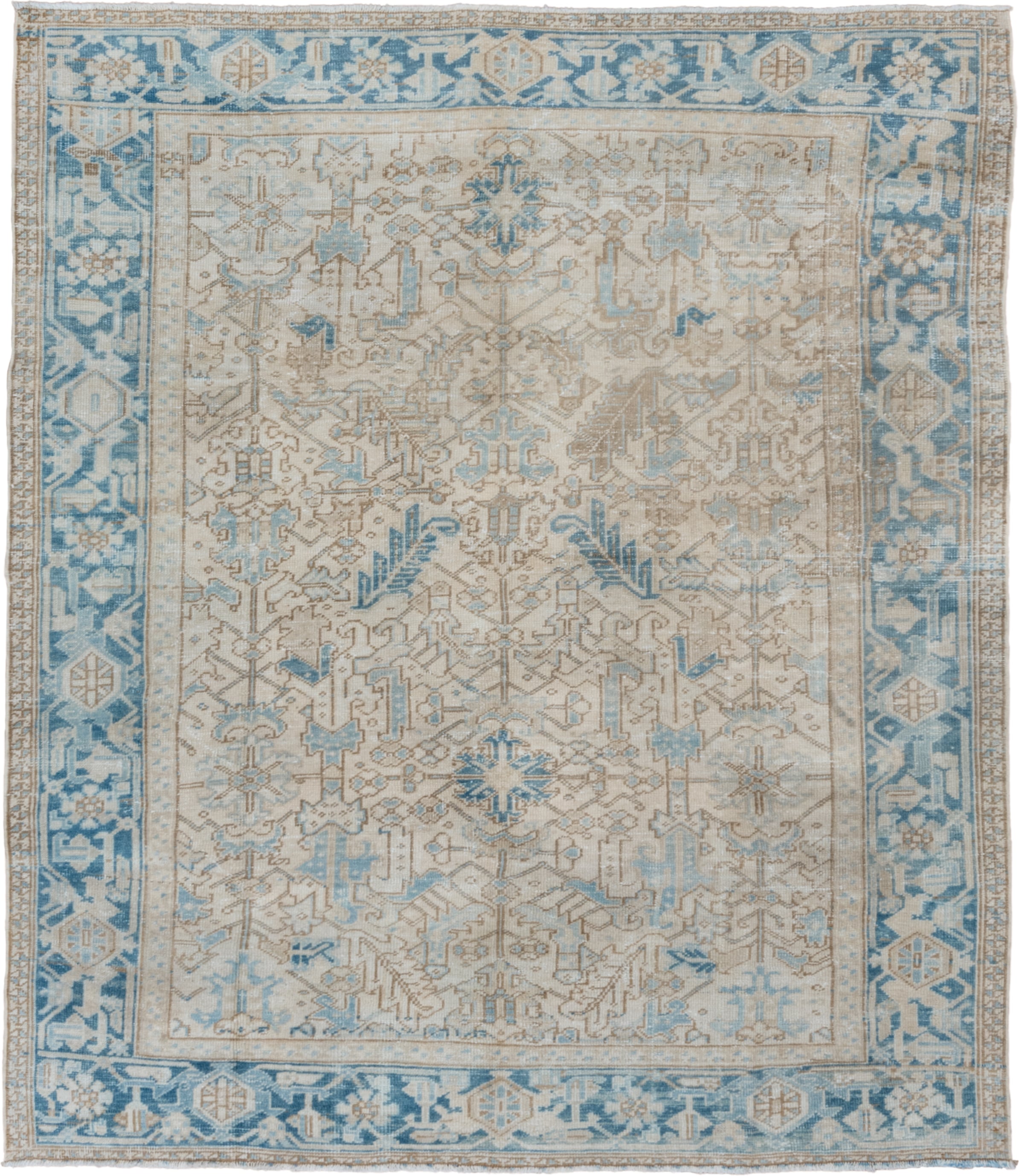 7' x 8' one-of-a-kind handmade vintage Heriz rug. Color palette: ivory, sky blue, beige, taupe, camel, slate, light blue