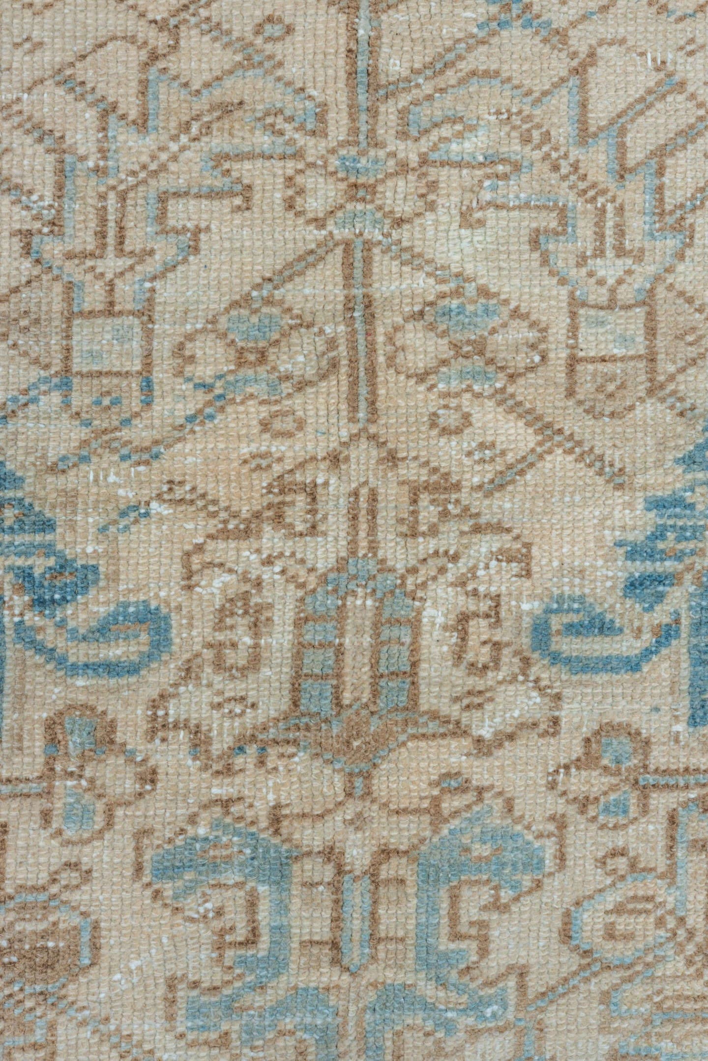7' x 8' one-of-a-kind handmade vintage Heriz rug. Color palette: ivory, sky blue, beige, taupe, camel, slate, light blue
