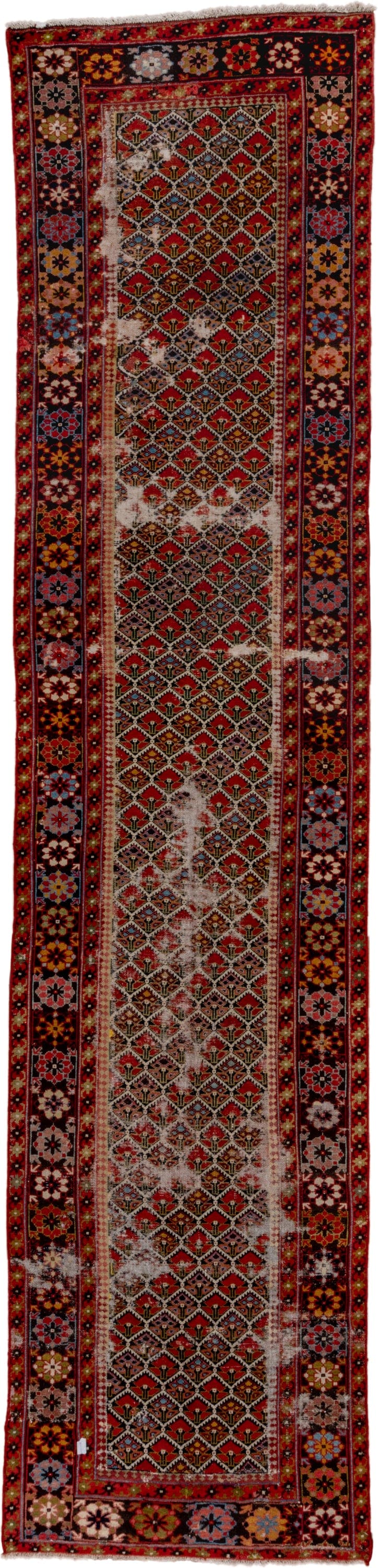 3' x 13' one-of-a-kind handmade vintage Malayer runner rug. Color palette: rust, ivory, navy, crimson, camel, gold, charcoal