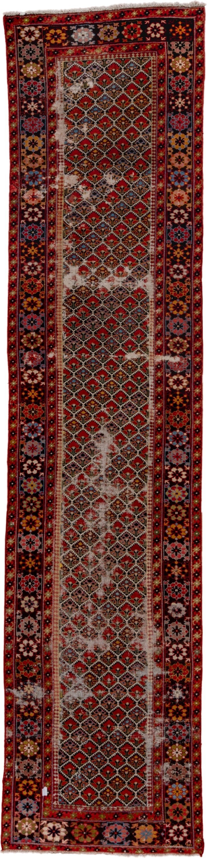 3' x 13' one-of-a-kind handmade vintage Malayer runner rug. Color palette: rust, ivory, navy, crimson, camel, gold, charcoal