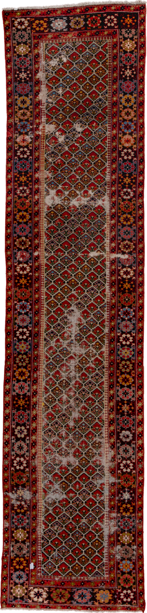 3' x 13' one-of-a-kind handmade vintage Malayer runner rug. Color palette: rust, ivory, navy, crimson, camel, gold, charcoal