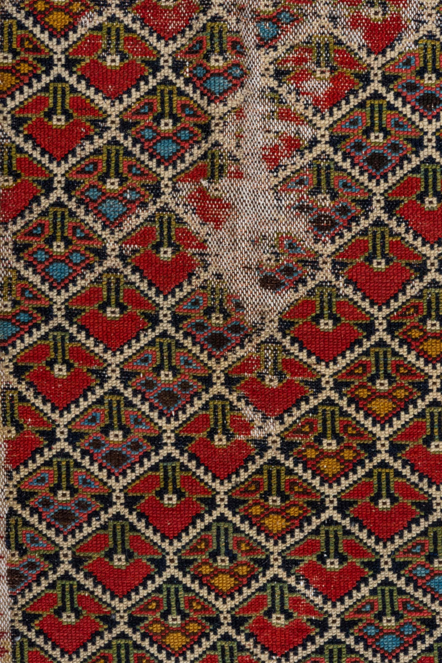 3' x 13' one-of-a-kind handmade vintage Malayer runner rug. Color palette: rust, ivory, navy, crimson, camel, gold, charcoal