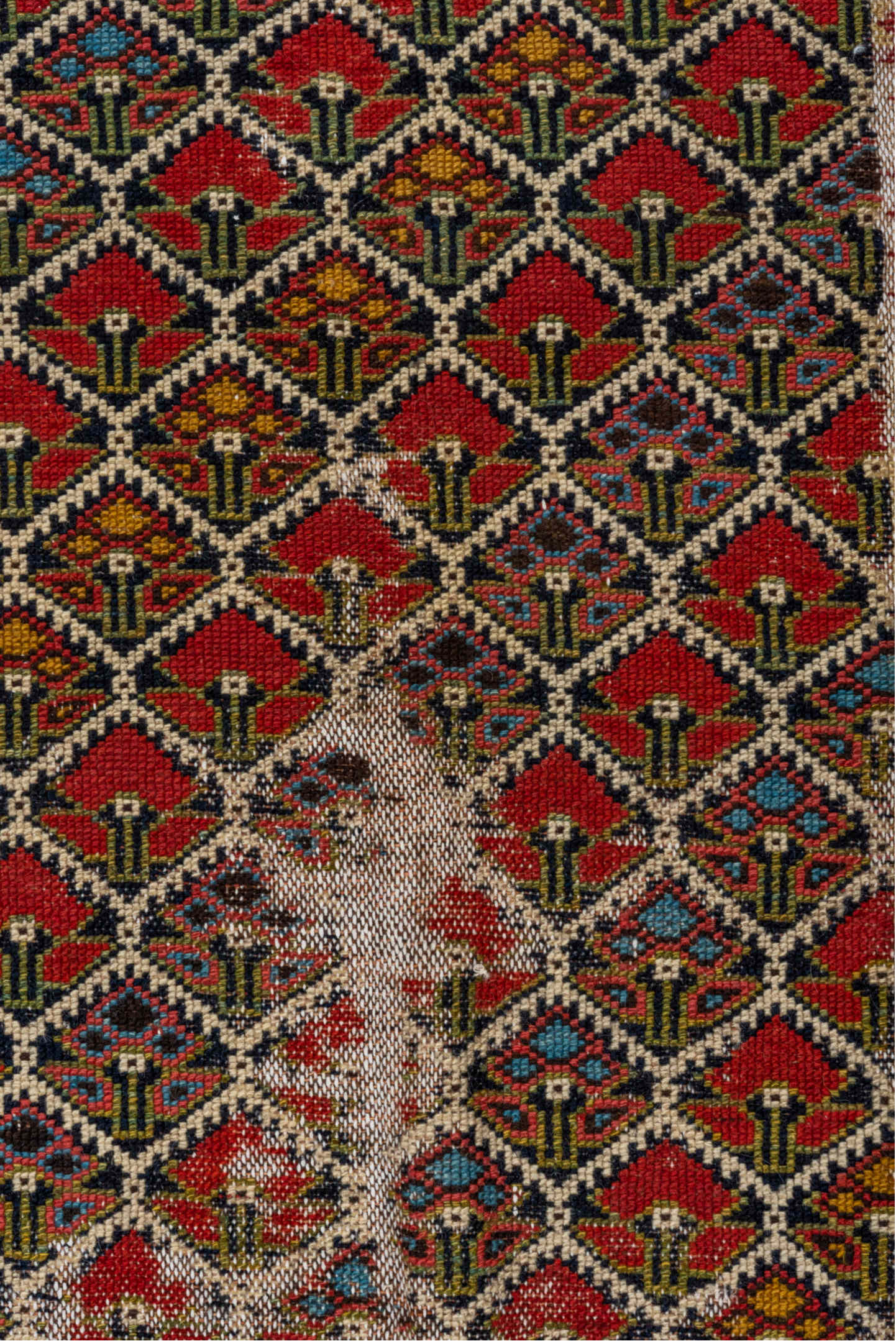 3' x 13' one-of-a-kind handmade vintage Malayer runner rug. Color palette: rust, ivory, navy, crimson, camel, gold, charcoal