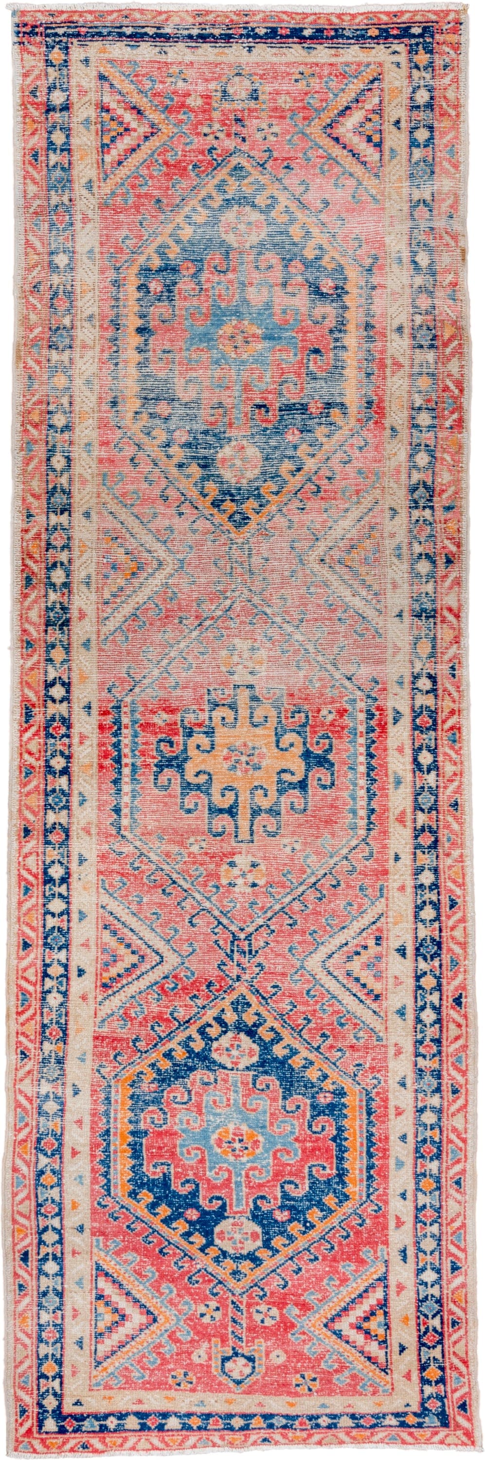 3' x 9' one-of-a-kind handmade vintage Heriz runner rug. Color palette: coral, ivory, navy, sky_blue, rose, saffron