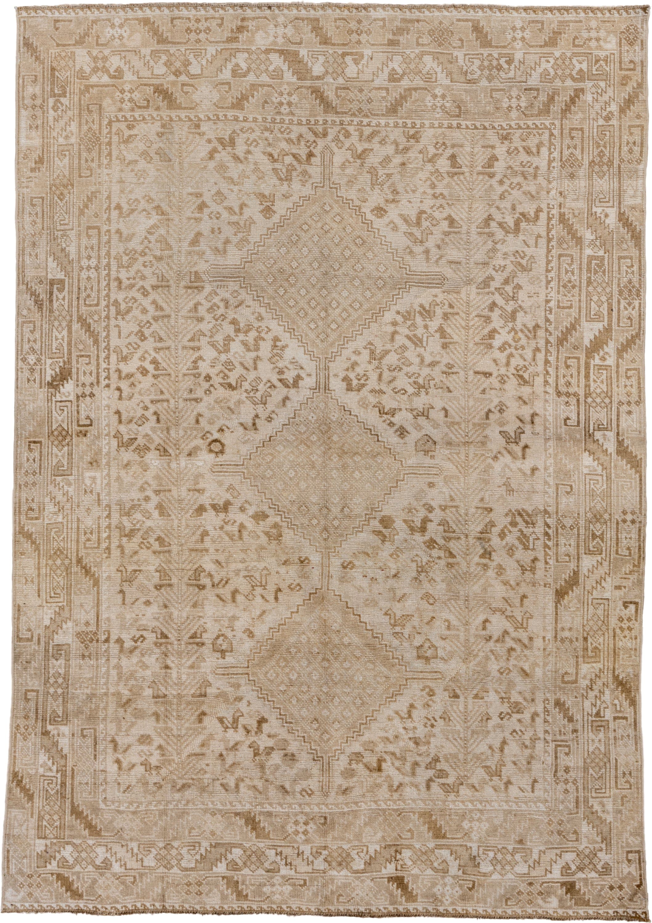 5' x 8' one-of-a-kind handmade vintage Shiraz medium size rug. Color palette: beige, ivory, taupe, camel, sand, light brown
