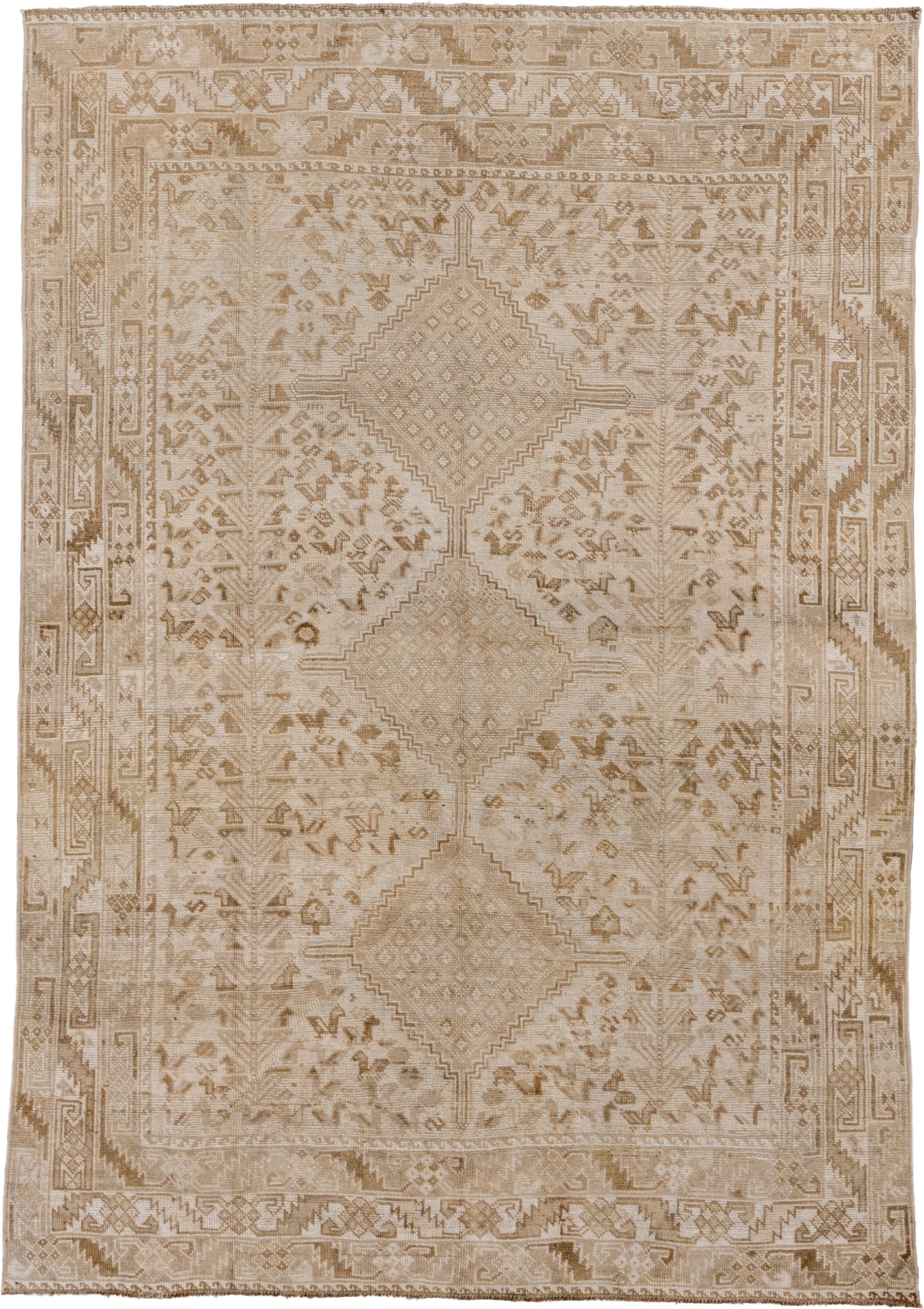 5' x 8' one-of-a-kind handmade vintage Shiraz medium size rug. Color palette: beige, ivory, taupe, camel, sand, light brown