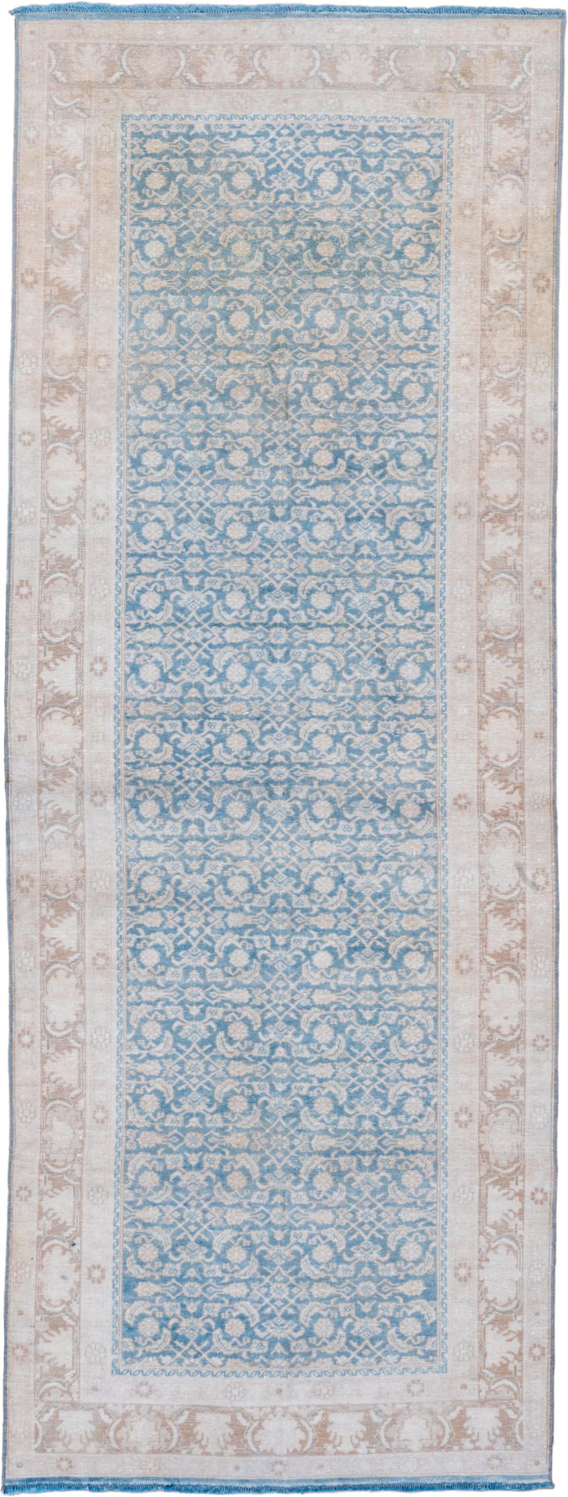3' x 8' one-of-a-kind handmade vintage Tabriz runner rug. Color palette: sky blue, ivory, beige, taupe, light blue, gray