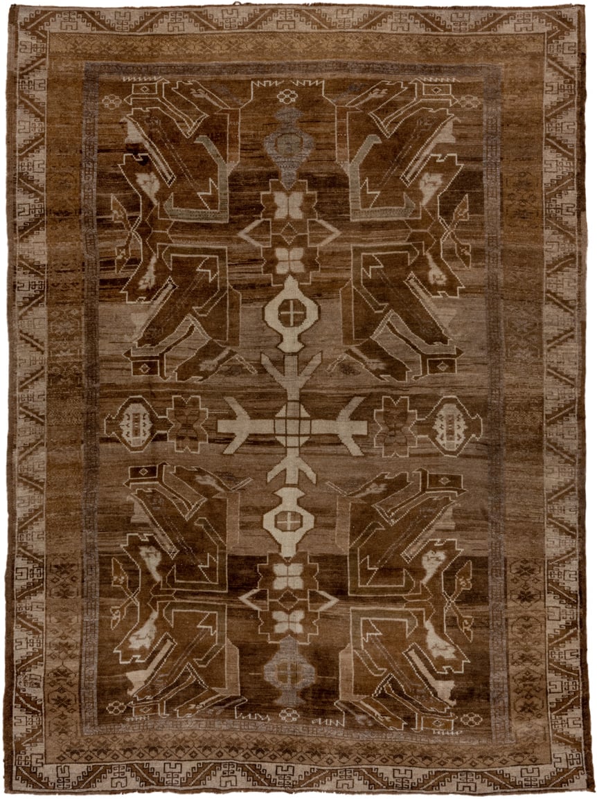 7' x 10' one-of-a-kind handmade vintage Kars large size rug. Color palette: brown, taupe, camel, ivory, charcoal, beige
