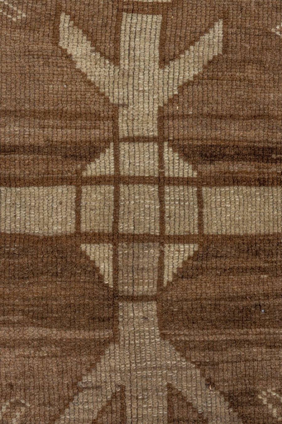 7' x 10' one-of-a-kind handmade vintage Kars large size rug. Color palette: brown, taupe, camel, ivory, charcoal, beige