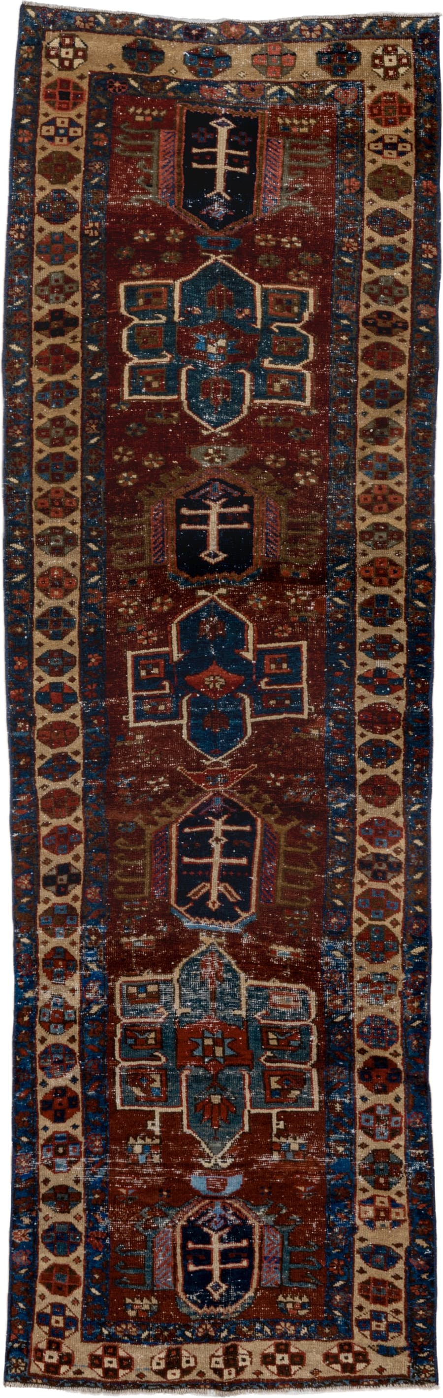 2' x 8' one-of-a-kind handmade vintage Heriz runner rug. Color palette: rust, ivory, navy, indigo, camel, taupe, burgundy