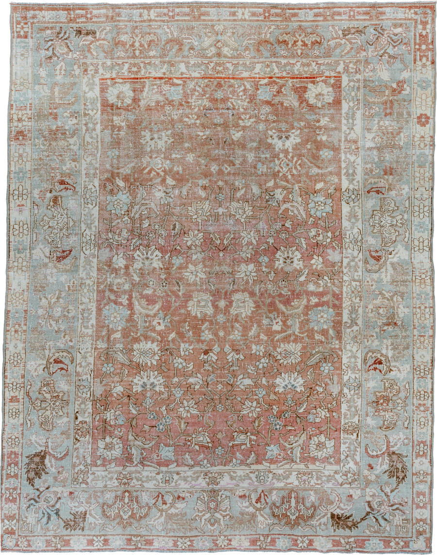 7' x 9' one-of-a-kind handmade vintage Malayer rug. Color palette: rose, pale blue, ivory, terra cotta, taupe, camel, brown