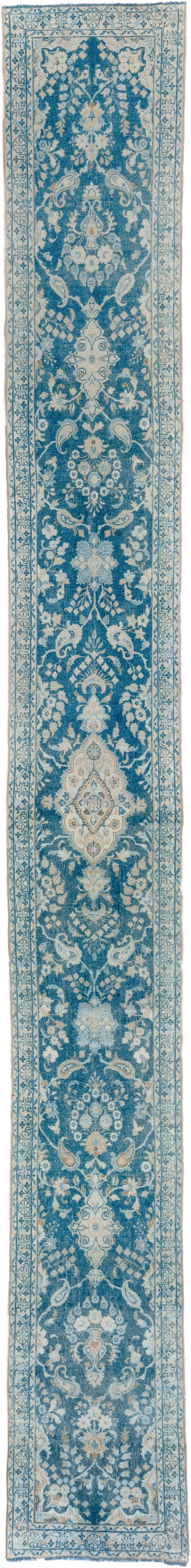 2' x 22' one-of-a-kind handmade vintage Lilian runner rug. Color palette: blue, ivory, sky blue, teal, cream, light blue
