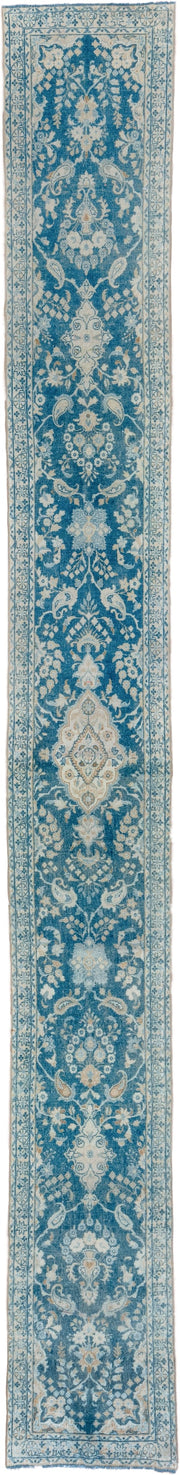 2' x 22' one-of-a-kind handmade vintage Lilian runner rug. Color palette: blue, ivory, sky blue, teal, cream, light blue