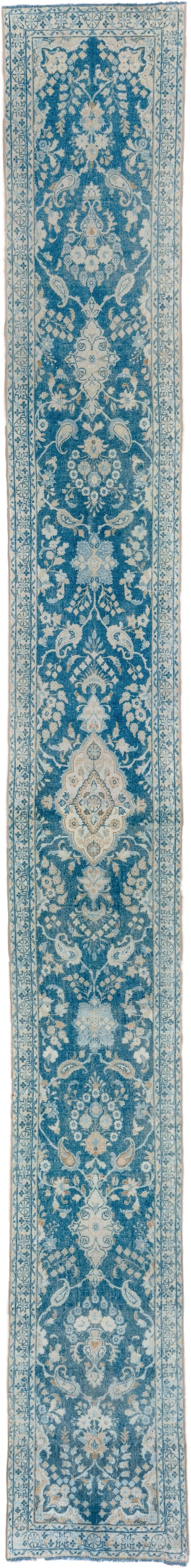2' x 22' one-of-a-kind handmade vintage Lilian runner rug. Color palette: blue, ivory, sky blue, teal, cream, light blue
