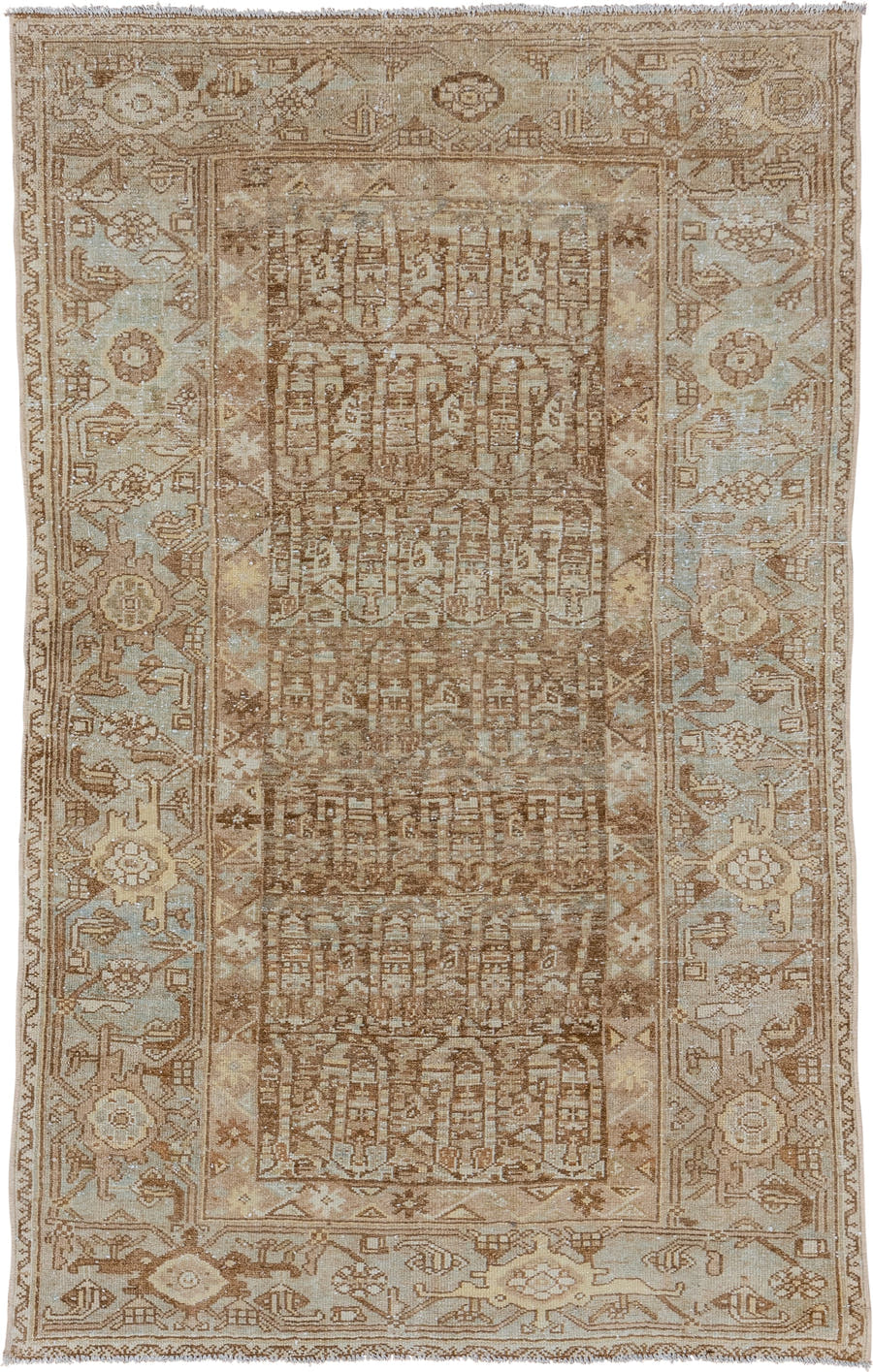 3' x 6' one-of-a-kind handmade vintage Malayer small size rug. Color palette: taupe, camel, ivory, light blue, sand, brown
