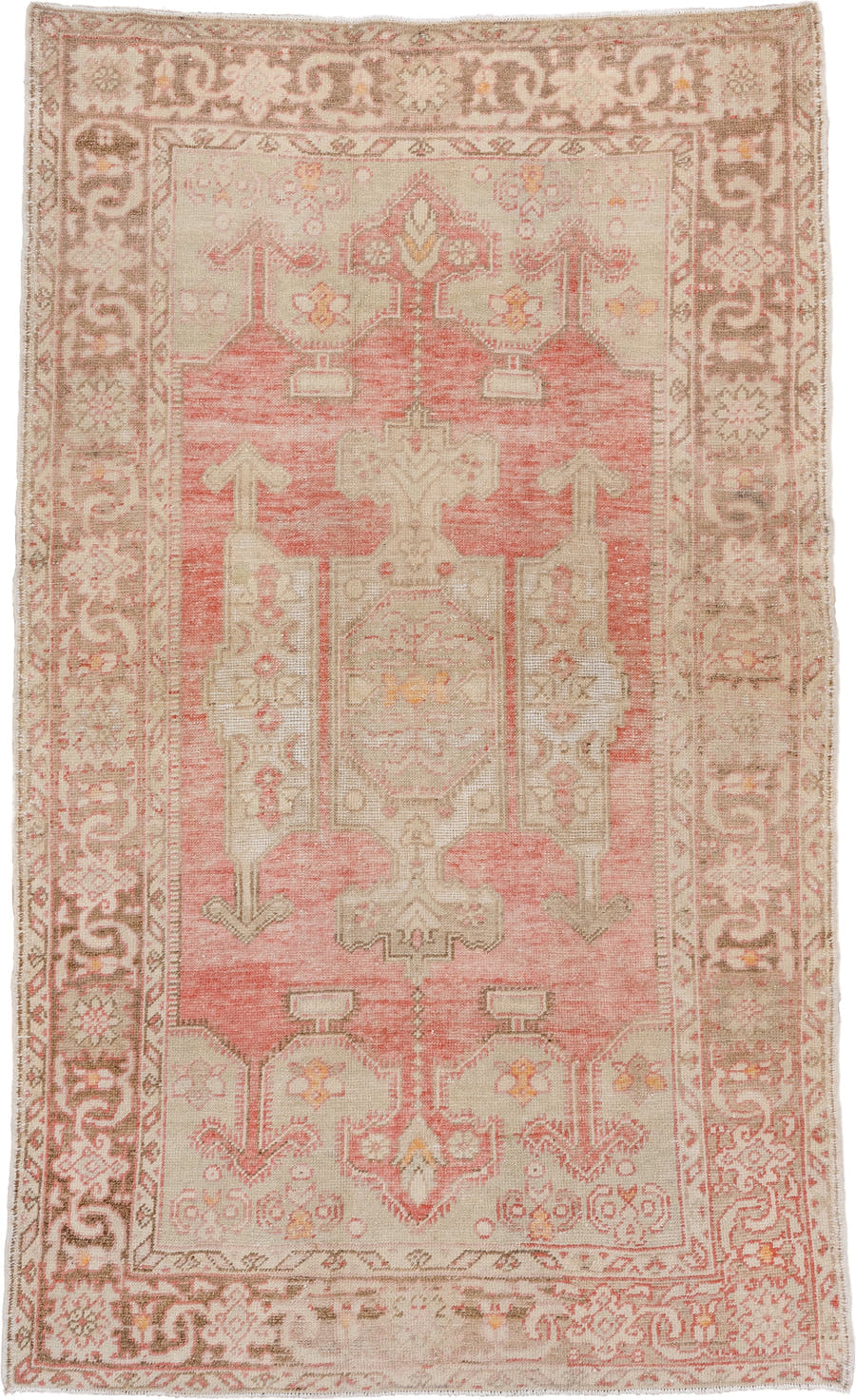 5' x 8' one-of-a-kind handmade vintage Oushak medium size rug. Color palette: coral, ivory, taupe, beige, blush, camel, gold