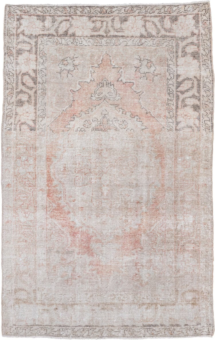 4' x 6' one-of-a-kind handmade vintage Oushak small size rug. Color palette: ivory, blush, taupe, pewter, cream, rose, pink