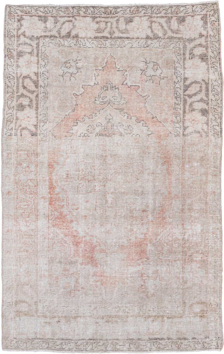 4' x 6' one-of-a-kind handmade vintage Oushak small size rug. Color palette: ivory, blush, taupe, pewter, cream, rose, pink