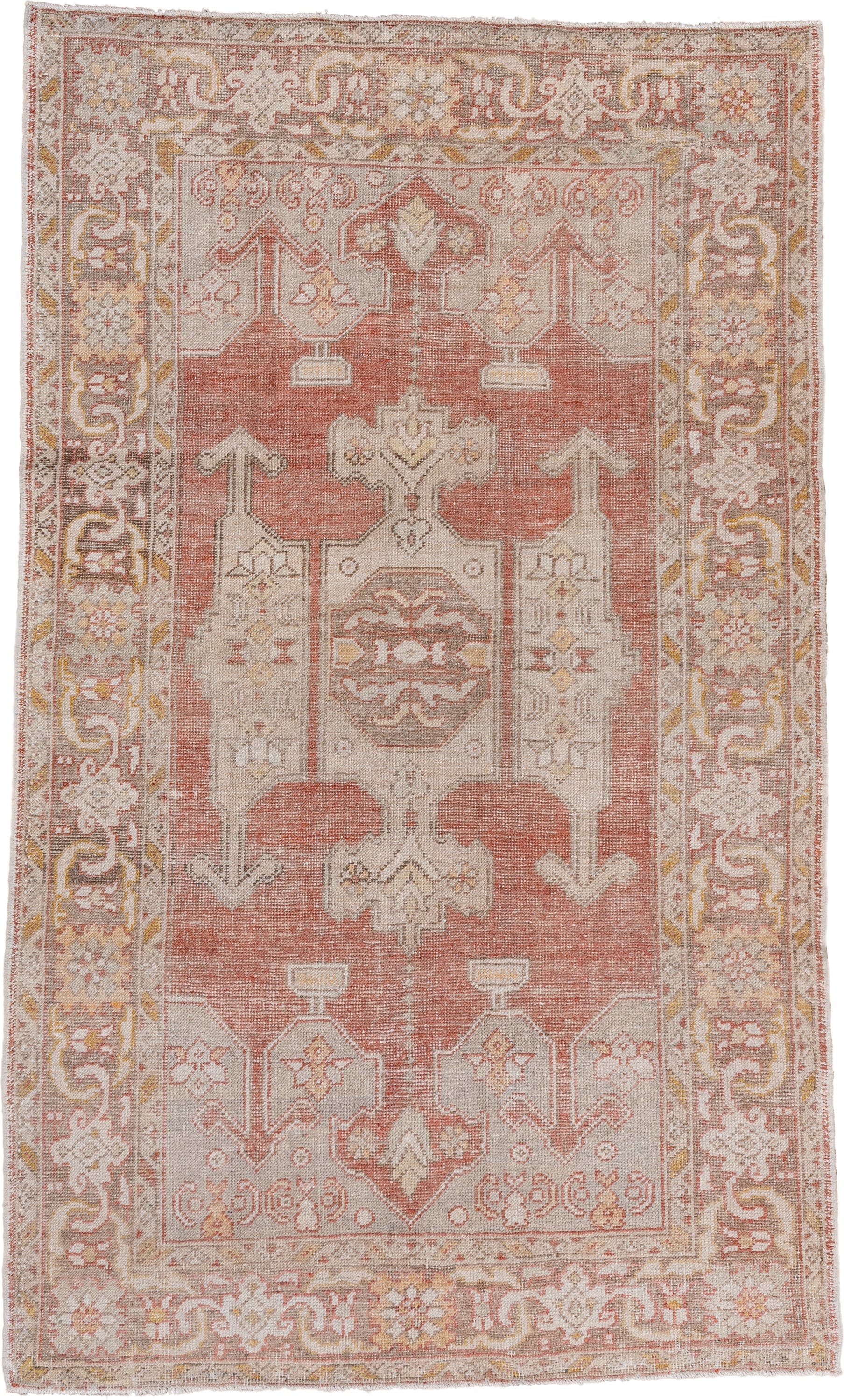 4' x 7' one-of-a-kind handmade vintage Oushak rug. Color palette: coral, ivory, taupe, gold, rust, beige, terracotta, gray