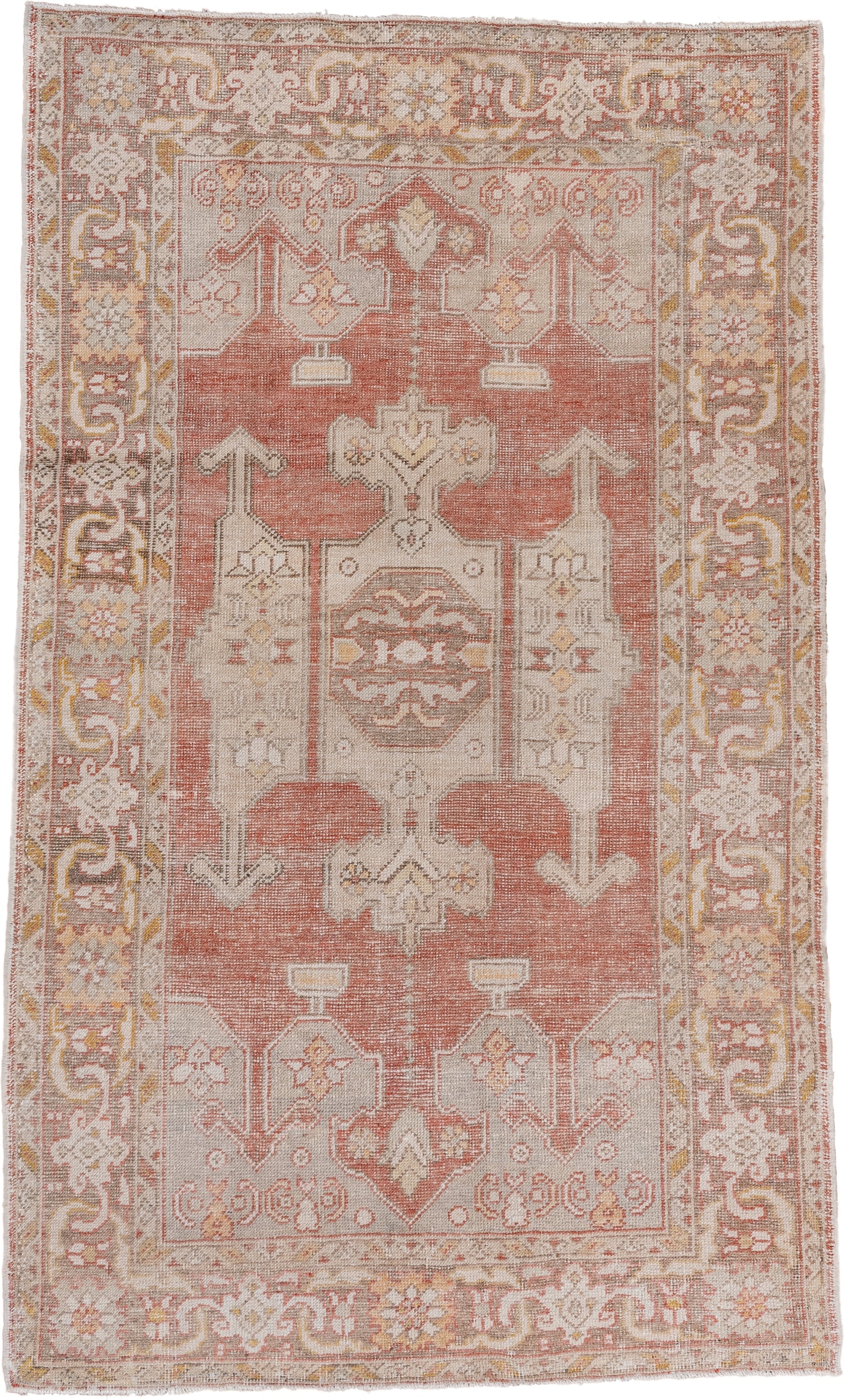 4' x 7' one-of-a-kind handmade vintage Oushak rug. Color palette: coral, ivory, taupe, gold, rust, beige, terracotta, gray